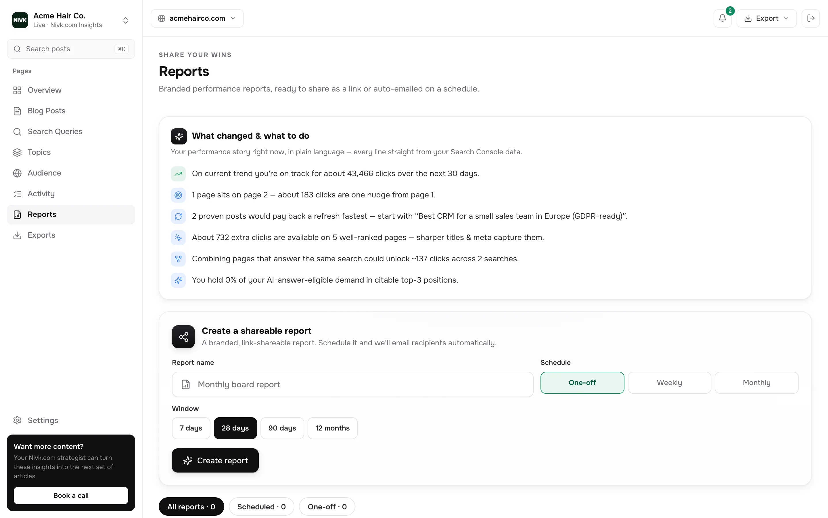 The Reports screen: a plain language summary of what changed and what to do, above the form that creates a shareable report